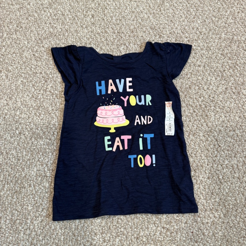 Jumping Beans Girls Navy Cake Graphic Tee Bow Back Flutter Sleeve Shirt Size 5